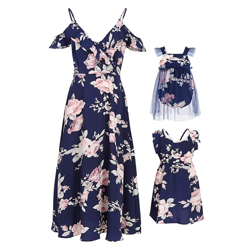 PopReal Mommy and Me Dresses Floral Print Fly Sleeve Strap Backless Ruffle Beach Mini Sundress - Image 1